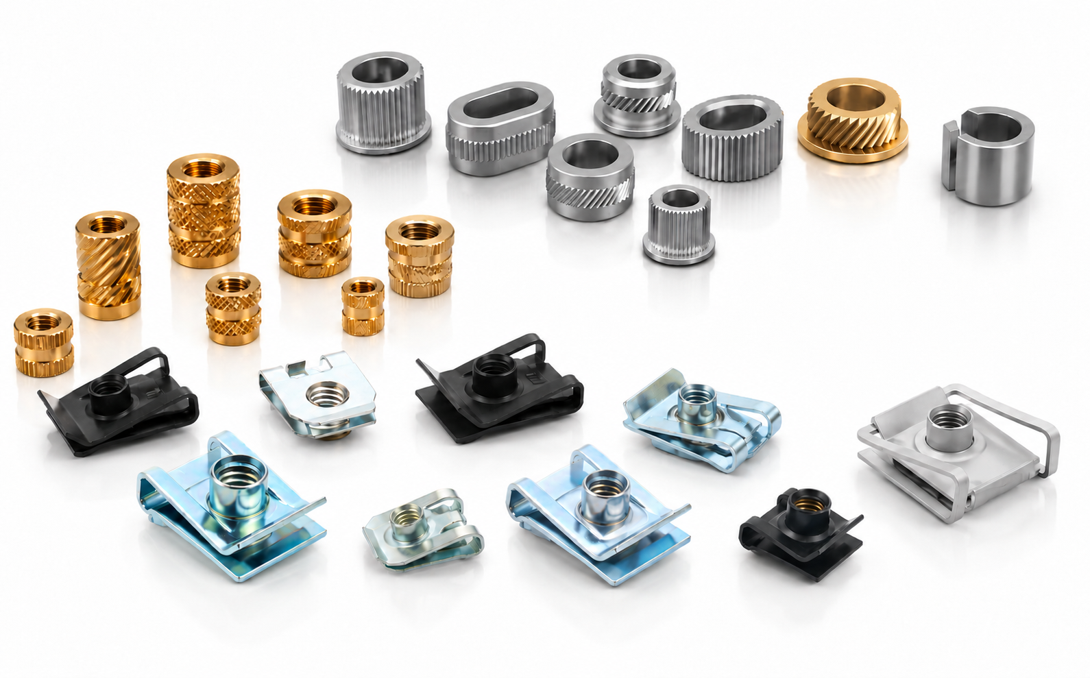 Brass threaded inserts, round and oval compression limiters, a split compression limiter, and threaded metal clips