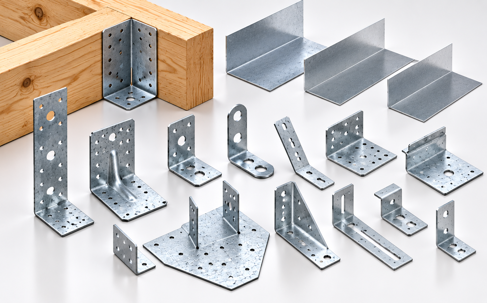 Metal angle brackets, timber connector accessories and L-shaped roofing soakers, with a timber assembly example